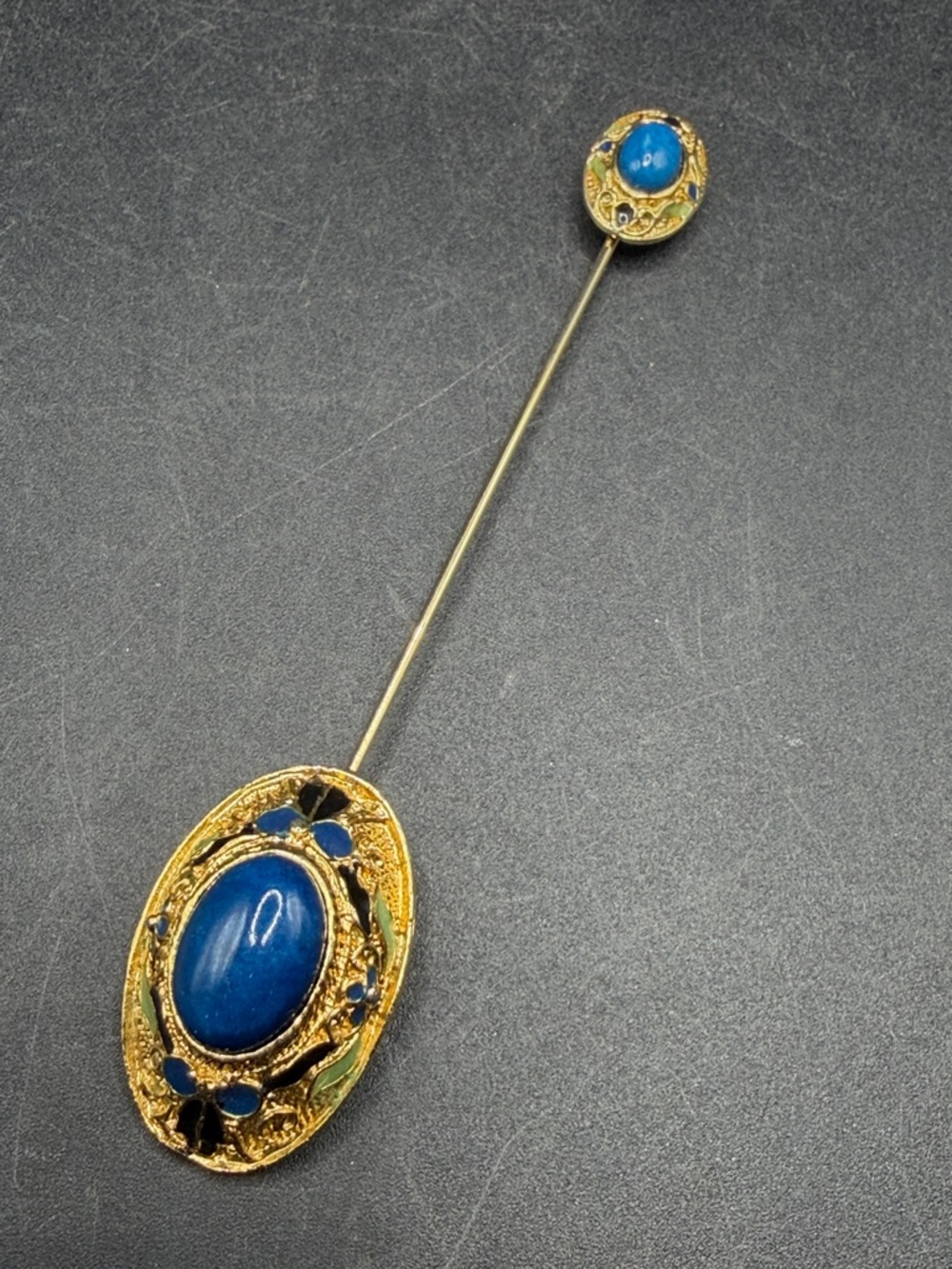 Vintage Blue Costume Cabochon GoldTn Metal Enamel Statement Hat Stick Pin Brooch
